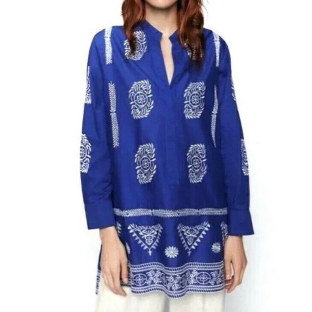 Zara Long Sleeve Cotton Sapphire Blue white Embroidered Tunic Top Size XS NWT